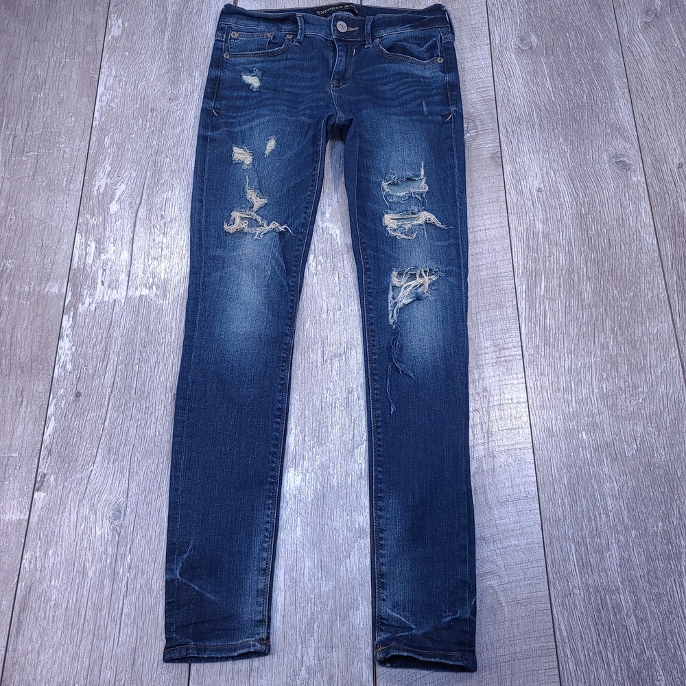Express Jeans Womens 0 Legging Pants Regular Blue Denim Distressed Mid Rise